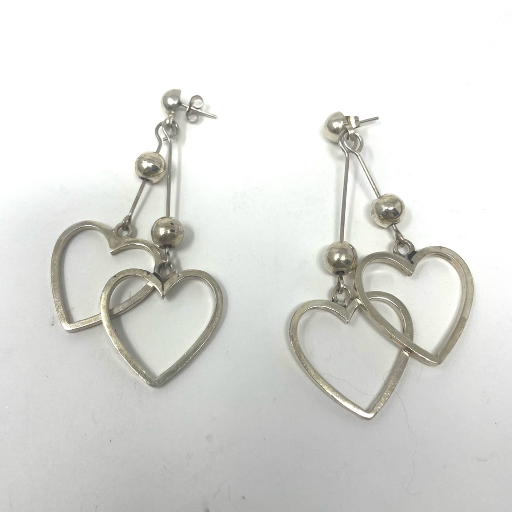 Sterling Silver Double Heart Dangle Post Earrings… - image 2